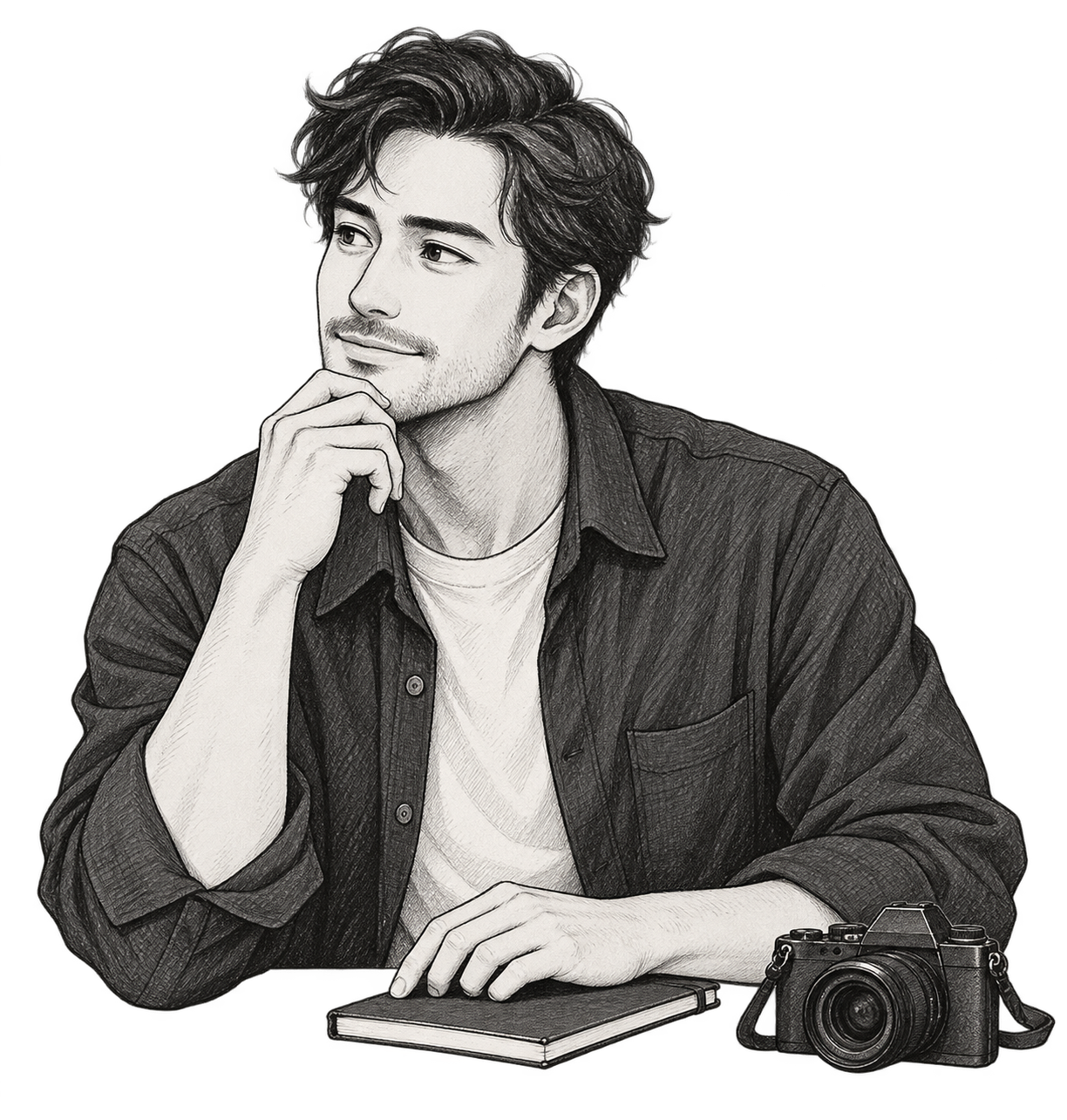 An original ink illustration of Boss, looking thoughtful beside a camera and notebook.